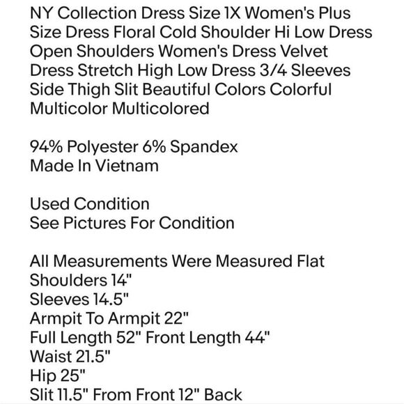NY Collection Dress Size 1X Women's Plus Size Dress Floral Cold Shoulder Hi Low - Picture 7 of 7